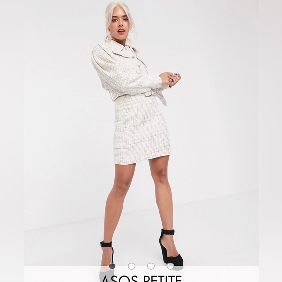 ASOS Petite Exaggerated Sleeve Boucle Blazer & Mini Skirt - Picture 8 of 16